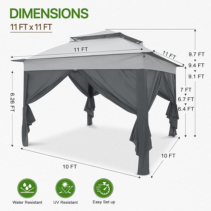 COOS BAY 11x11 Pop-up Instant Gazebo Tent with 4 Sidewalls Outdoor Canopy Shelter with Carry Bag, Stakes and Ropes, Gray