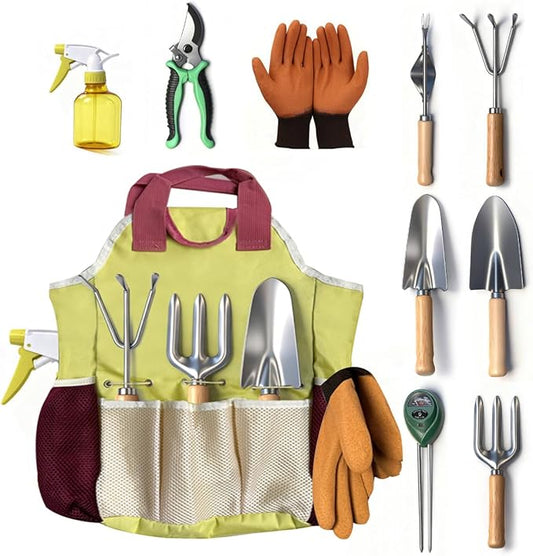 10-Piece Premium Gardening Tools Set-Duty Stainless Steel Rust-Proof Tools with Storage Tote,Perfect Gardening Gifts,Gardening Supplies Set with Hygrometer Suitable for Both Men and Women(Pink)