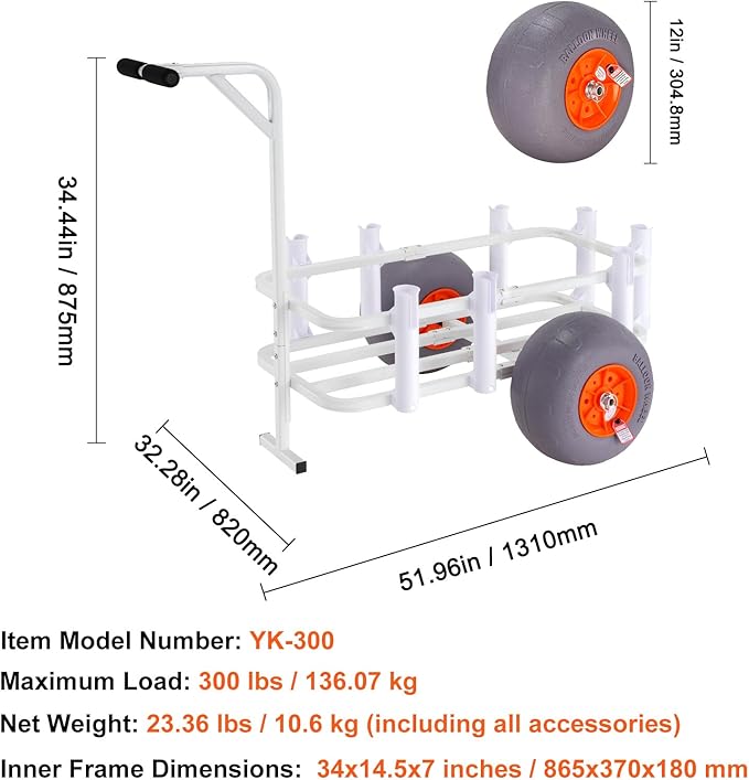 VEVOR Beach Fishing Cart, 300 lbs Load Capacity, Fish and Marine Cart with Two 13" Big Wheels PU Balloon Tires for Sand, Heavy-Duty Aluminum Pier Wagon Trolley with 8 Rod Holders for Fishing, Picnic