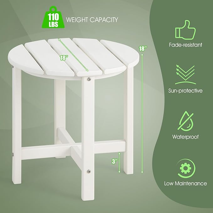 Tangkula Round Outdoor Side Table, 18 Inch Weather Resistant HDPE Adirondack Table, Outdoor Indoor Chairside End Tables, Patio Side Table for Lawn Garden Balcony Backyard, Easy Assembly (2, White)