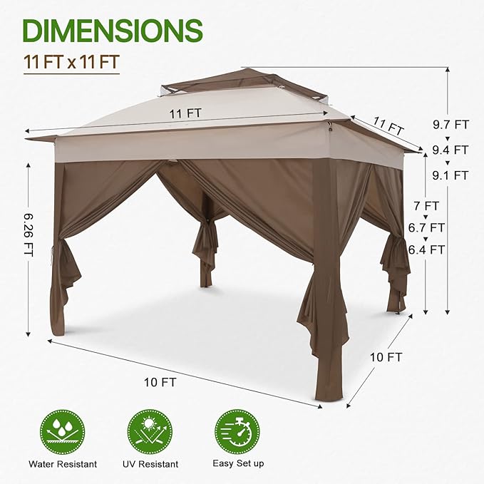 COOS BAY 11x11 Pop-up Instant Gazebo Tent with 4 Sidewalls Outdoor Canopy Shelter with Carry Bag, Stakes and Ropes, Beige