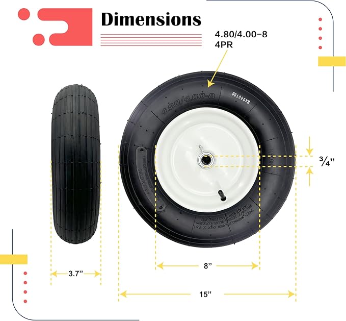 2-Pack 4.80-8 Wheelbarrow Tire with Rim 3"-6''Centered Hub, 3/4" or 5/8''or 1/2'' Bearings, 16‘’ Tire Assembly for Hand Truck,Garden Cart (4.80/4.00-8 Tube Type,3" Center Hub,RibbedTread)