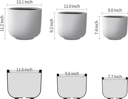 Kante 13",11",9" Dia Pure White Concrete Round Planters (Set of 3), Outdoor Indoor Modern Planter Pots, Lightweight, Weather Resistant, Seamless with Drainage Hole