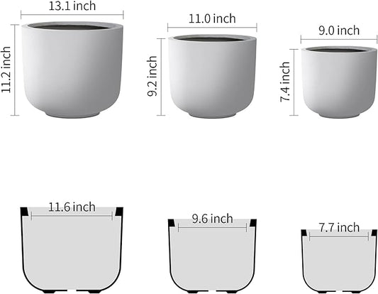 Kante 13",11",9" Dia Pure White Concrete Round Planters (Set of 3), Outdoor Indoor Modern Planter Pots, Lightweight, Weather Resistant, Seamless with Drainage Hole