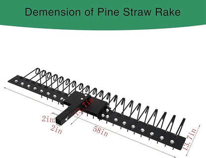 5FT Durable Pine Straw Rake Steel Spring Landscape Rake Fits 2" Receiver for Lawn Tractors or ATV/UTV，Black