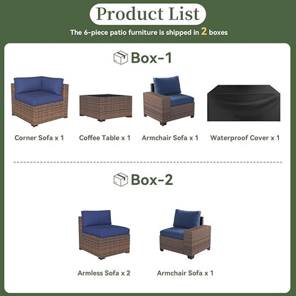Aoxun 6 Piece Patio Furniture Set with Wide Armrests Wicker Rattan Outdoor Sectional Sofa Set with Coffee Table and Thickened Cushions, Brown/Blue(Waterproof Cover Included)