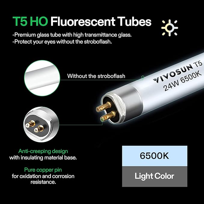 VIVOSUN T5 Grow Light Bulbs 4 Ft 46 Inches, 54W 6500K HO Fluorescent Tubes Light Bulbs, Cool White T5 Bulb for 46 Inches T5 Light Fixtures, T5 Grow Lights for Indoor Plants, 4 Ft 54W Pack of 5