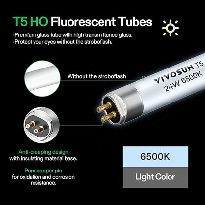 VIVOSUN T5 Grow Light Bulbs 2 Ft 22 Inches, 24W 6500K HO Fluorescent Tubes Light Bulbs, Cool White T5 Bulb for 22 Inches T5 Light Fixtures, T5 Grow Lights for Indoor Plants, 2 Ft 24W Pack of 5
