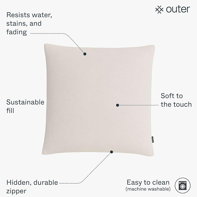 Outer Outdoor Throw Pillow with OuterWeave Performance Fabric, Decorative Outdoor Pillow for Patio & Outdoor Furniture, Includes Machine Washable Pillow Cover and Insert - Pailsades Cream, 20"x20"