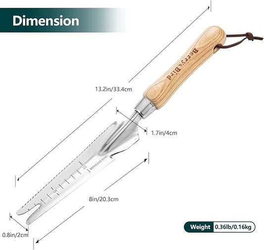 Berry&Bird Garden Hand Weeding Trowel, Stainless Steel Weeder Tool for Gardening with Wooden Handle, Multifunctional Manual Weed Puller & Digging Knife for Planting Transplanting Cutting Measuring