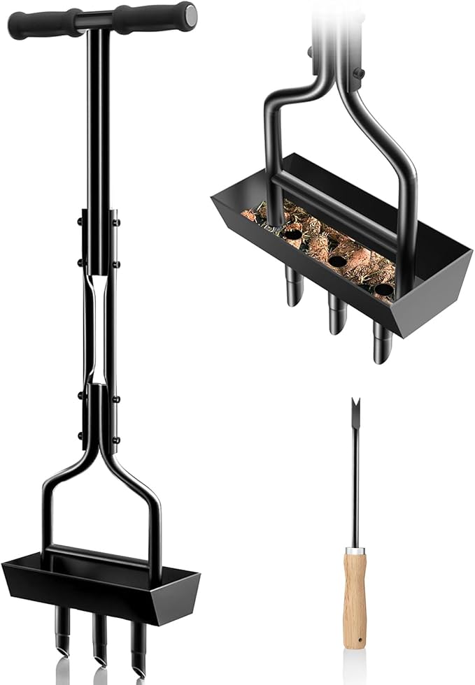 Manual Lawn Aerator Tool with Soil Storage Basket - 2025 Upgraded Aerator Lawn Tool, 3 Tines Yard Aerators with Cleaning Tool, 38’’ Ergonomic Aeration Tools for Compacted Soil & Lawn Care