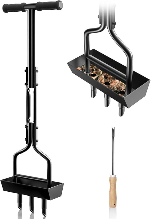 Manual Lawn Aerator Tool with Soil Storage Basket - 2025 Upgraded Aerator Lawn Tool, 3 Tines Yard Aerators with Cleaning Tool, 38’’ Ergonomic Aeration Tools for Compacted Soil & Lawn Care