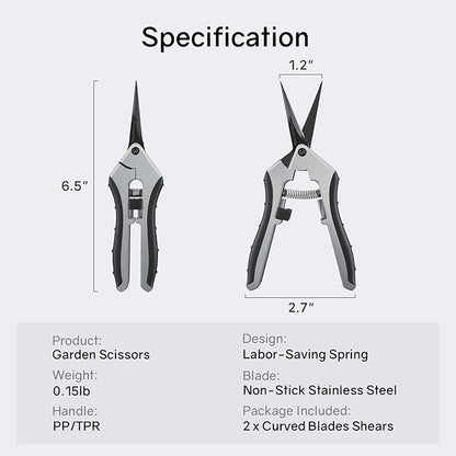 6.5" Ultra Sharp Pruning Shears - Professional Garden Scissors with Curved Stainless Steel Blades, Ergonomic Handle, Rust Resistant, Safety Lock, Trimming Scissors for Plants in Grow Tents, 2-Pack