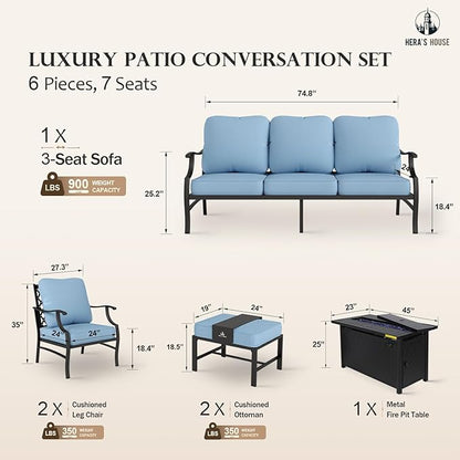 HERA'S HOUSE 6 Pieces Patio Furniture Set with Fire Pit Table, 2 x Single Chair, 2 x Ottoman, 3-Seat Sofa with 45" Fire Pit Table, Outdoor Conversation Set for Garden, Poolside, Backyard, Blue