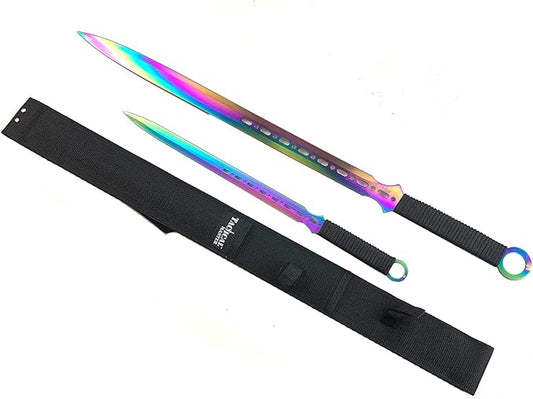 2 PCS Ninja Tactical Machetes, Swords Tactical Survival Katana Durable Knife Set. For Camping, Hunting, and Collection (Rainbow)