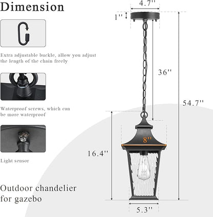 16.4 Inch Black Hanging Porch Lights Outdoor Waterproof Aluminum Outdoor Pendant Light Dusk to Dawn Exterior Hanging Light Fixture for Gazebo E26 Socket