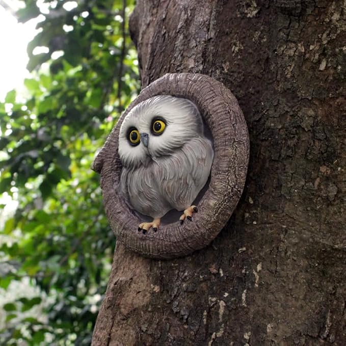 Baby Owl Resin Tree Faces, Whimsical Halloween Decorations Outdoor Owl Hugger Sculpture, Garden Ornament for Yard Lawn Patio Porch, Tree Decor Unique Garden Gift, Durable Waterproof Resin Statue