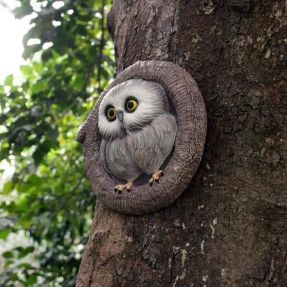 Baby Owl Resin Tree Faces, Whimsical Halloween Decorations Outdoor Owl Hugger Sculpture, Garden Ornament for Yard Lawn Patio Porch, Tree Decor Unique Garden Gift, Durable Waterproof Resin Statue