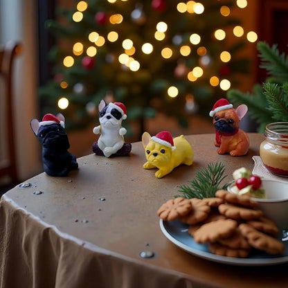 4 Pieces Cute French Bulldog Dog Figurines Fairy Garden Figurines Resin Dog Statues with Christmas Hat for Office Home Garden Decor Collectible Puppy Figurines Animal Sculpture for Kids