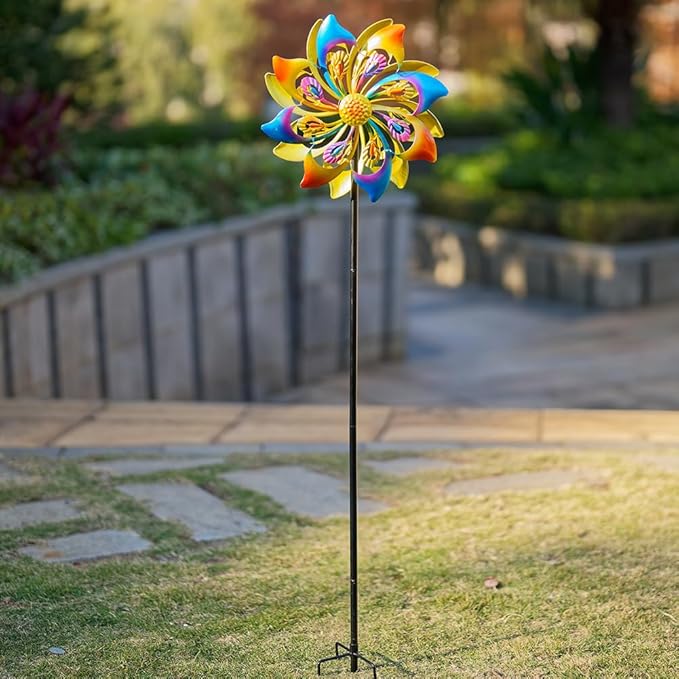 DREAMSOUL 13" Dia Wind Spinners Outdoor with 4 Prong Stakes, Kinetic Metal Wind Spinners for Yard and Garden Decor (52 * 13 Inches)