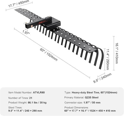 VEVOR Tow Behind Landscape Rake, 60" Tow Dethatcher with 21 Steel Coil Tines, Lawn Dethatcher Rake Attaches to 48" or 60" Toolbars and 3-Point Suspension Systems, for Leaves, Pine Needles, and Grass