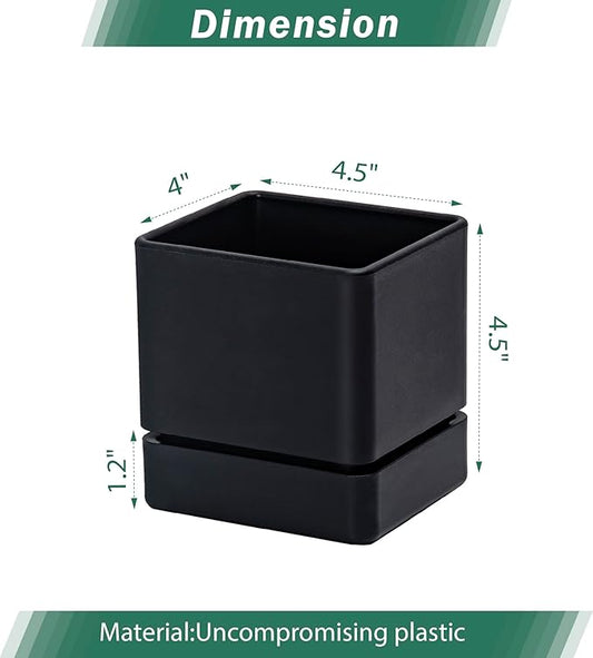 4 Inch Herb Planter Pot, Plastic Planter with Drainage Holes and Saucer, Modern Decorative Gardening Pot for Indoor Plants, Flowers, Herbs, Succulents, Black, Set of 3, 76-Y-B-3