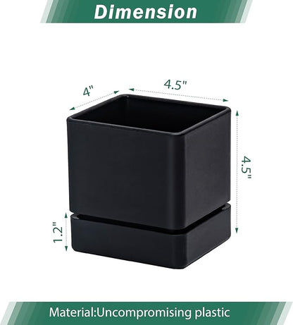 4 Inch Herb Planter Pot, Plastic Planter with Drainage Holes and Saucer, Modern Decorative Gardening Pot for Indoor Plants, Flowers, Herbs, Succulents, Black, Set of 1, 76-Y-B-1