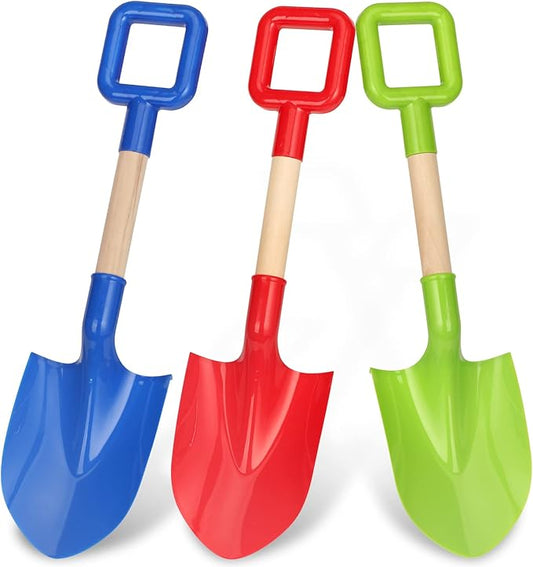 16'' Long Kids Beach Shovels Sand Spade Toys Gardening Tools with Wooden Handled, ABS Plastic Sturdy Scoop for Shoveling Digging Sand Snow Sandbox Backyard Summer Travel (3PCS - Blue Green Red)