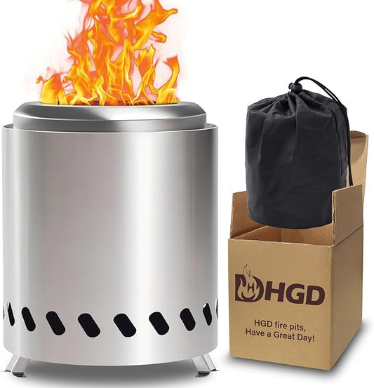 HGD 9.8 x 8.7 in Small Tabletop Fire Pit, Portable Mini Smokeless Table Top Firepit, Low Smoke Camping Stove for Outdoor & Patio, Fueled by Pellets or Wood, with Travel Bag, Stainless Steel, Silver