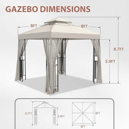 EAGLE PEAK 8x8 Patio Gazebo with Mesh Netting, Double Roof Outdoor Pavilion with Corner Shelves for Lawn, Deck, Garden and Backyard, Beige