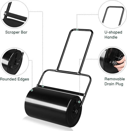 Outvita Lawn Roller, 10 Gallons Water and Sand Filled Garden Drum Roller with U Shaped Handle Tow beind Sod Roller for Planting, Seeding(Black)