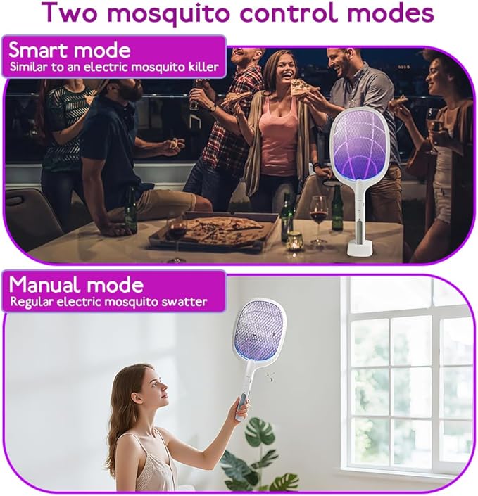 Electric Fly Swatter Indoor & Outdoor 3000V Bug Zapper Racket Dual Modes Mosquito Killer with Purple Mosquito Light Rechargeable Fly Zapper for Indoor Home Office Backyard Patio Camping