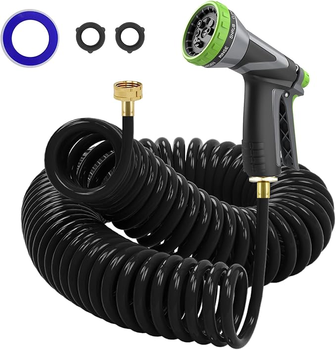 Coil Hose,3/8" EVA Coil Garden Hose 75 FT,Curly Water Hose Lightweight with Brass Connectors,Recoil Garden Hose Includes 8-Pattern Spray Nozzle for Boat, Yard, Patio, Green