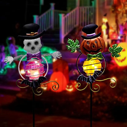 Solar Halloween Decorations Outdoor,2 Pack Pumpkin＆Skull Halloween Metal Yard Stakes,Solar Yard Signs Decorative Garden Stakes for Outside Lawn Patio Pathway