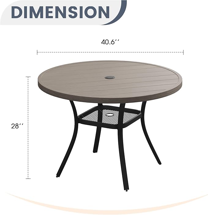 VICLLAX 40.6" Round Metal Outdoor Dining Table for 4, Patio Table with Umbrella Hole and Storage Shelf for Garden, Lawn, Deck, Grey