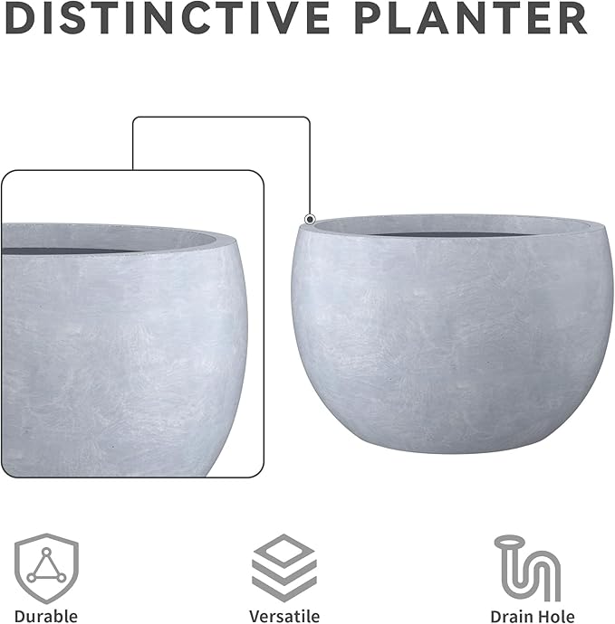 Kante 19.9",15.7",11.8" Dia Round Concrete Planter Set of 3, Outdoor/Indoor Large Bowl Plant Pots with Drainage Hole and Rubber Plug for Garden Patio Balcony Home, Slate Gray