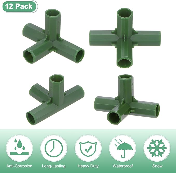 12 Pcs 11mm Greenhouse Frame Building Connectors, 4 Way Right Angle Pipe Fitting for Grape Trellis/Sunscreen Shed/Gardening Plant Stakes, Greenhouse Accessories [Green]