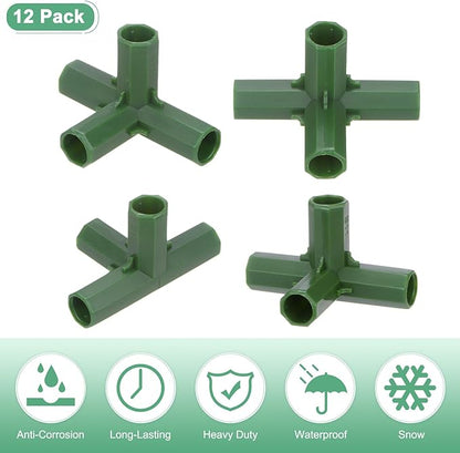 12 Pcs 11mm Greenhouse Frame Building Connectors, 4 Way Right Angle Pipe Fitting for Grape Trellis/Sunscreen Shed/Gardening Plant Stakes, Greenhouse Accessories [Green]