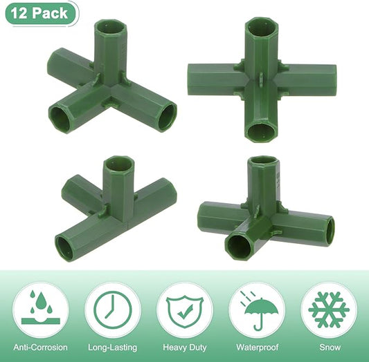 12 Pcs 11mm Greenhouse Frame Building Connectors, 4 Way Right Angle Pipe Fitting for Grape Trellis/Sunscreen Shed/Gardening Plant Stakes, Greenhouse Accessories [Green]