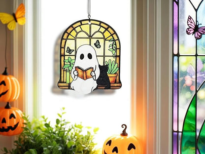 Ghost Black Cat Suncatcher, Ghost Reading Book Halloween Decor