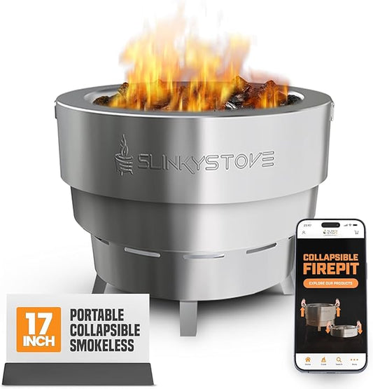 Slinky Stove Smokeless Fire Pit for Outdoor Wood-Burning - 17-Inch Patented Collapsible Firepit with Cooking Grill - Portable Stainless Steel Solo Pit for Camping, Backyard, Patio Bonfires