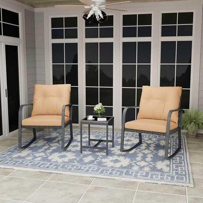 Bistro 3 Piece Patio Furniture Set, Patio Table and Rattan Outdoor Rocking Chairs Set of 2, Outdoor Bistro Conversation Set for Garden, Balcony, Poolside, Backyard, Khaki