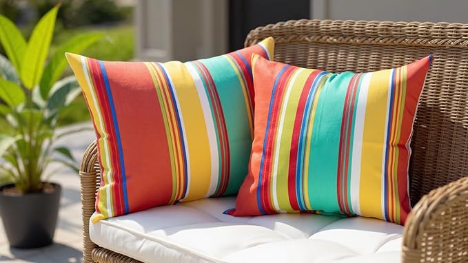 RSH DECOR: 6-Pack Pillow Set | All-Weather Spun Fabric | Water & Fade-Resistant | 17" Square, 20" x 12" Lumbar, 20" x 6" Neck Roll | Outdoor Pillows for Patio Furniture | Bright Colorful Stripe