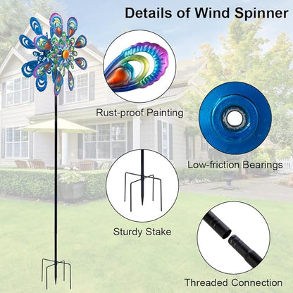 Peacock Wind Spinner, 21" Dia Large Kinetic Wind Sculptures & Spinners Outdoor, 68 Inch Tall Metal Windmill for Garden Yard Decor