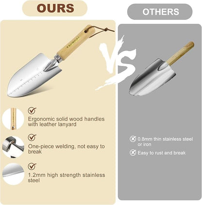 YAUNGEL Gardening Tools - 10 Pcs Garden Tool Set Heavy Duty Stainless Steel Garden Supplies Hand Tools with Wooden Handle, Storage Tote Bag, Gardening Gifts for Women and Men