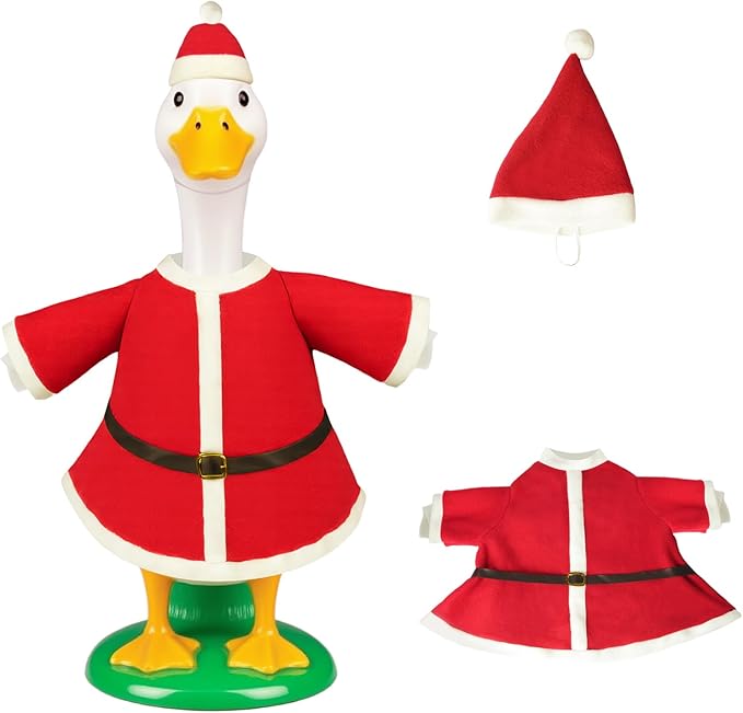 Christmas Porch Goose Outfits for 23" Lawn Statue, 2 Pcs Goose Costume with Santa Hat & Clothes for Concrete/Plastic/Cement Goose, Weather-Resistant Holiday Decor for Yard/Garden