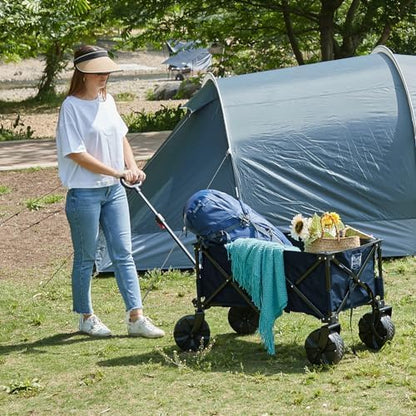 Timber Ridge Outdoor Collapsible Wagon with Brakes Utility Folding Cart Heavy Duty All Terrain Wheels for Shopping Camping Garden with Side Bag and Cup Holders, Blue