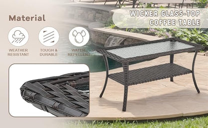 Swivel Patio Chairs sofa Set of 5 with 6" Thick Cushion - Wicker Outdoor Swivel Rocker Patio Chair ,Sofa/Glass coffee table, High Back Comfortable Outdoor Glider Chairs - Brown Wicker | Beige Cushions