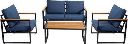 Patio Furniture Set, 4 Pieces Outdoor Patio Furniture with Coffee Table Set, Metal Patio Conversation Sets with Washable and High-Resiliency Sponge Cushions, Upgrade Blue