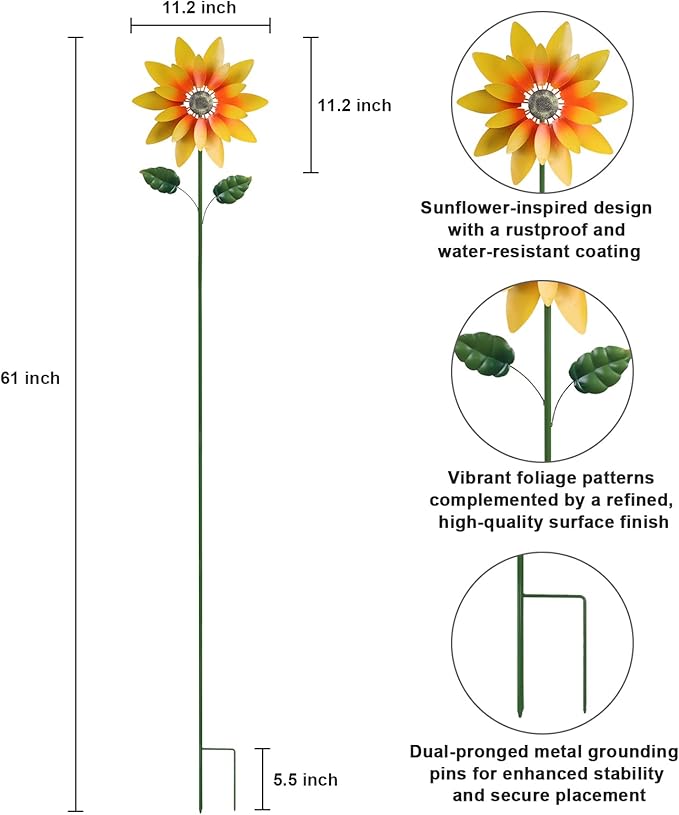hogardeck Outdoor Wind Spinner, 61" Metal Sunflower Wind Spinner with Stake, 360° Rotating Windmill Yard Art, Kinetic Wind Sculptures for Home Lawn Backyard Patio Decor, Gifts for Garden Lovers